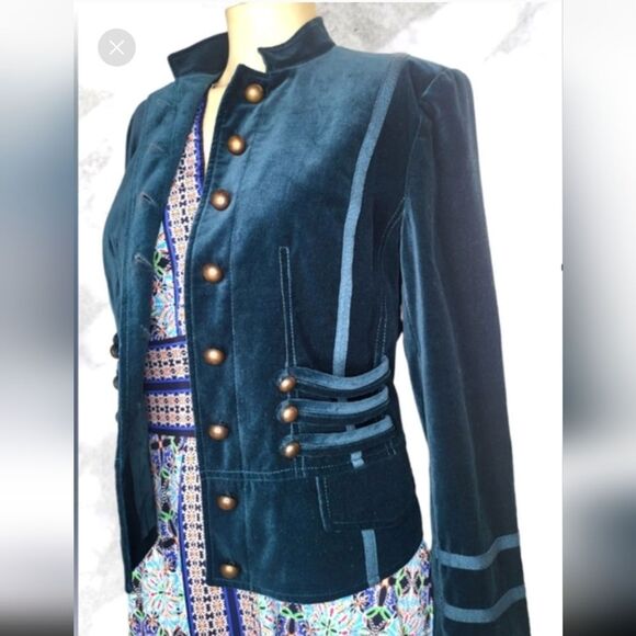 Together Cotton Velvet Military Blazer With Teal Trimming Size Golden Buttons - Picture 3 of 16